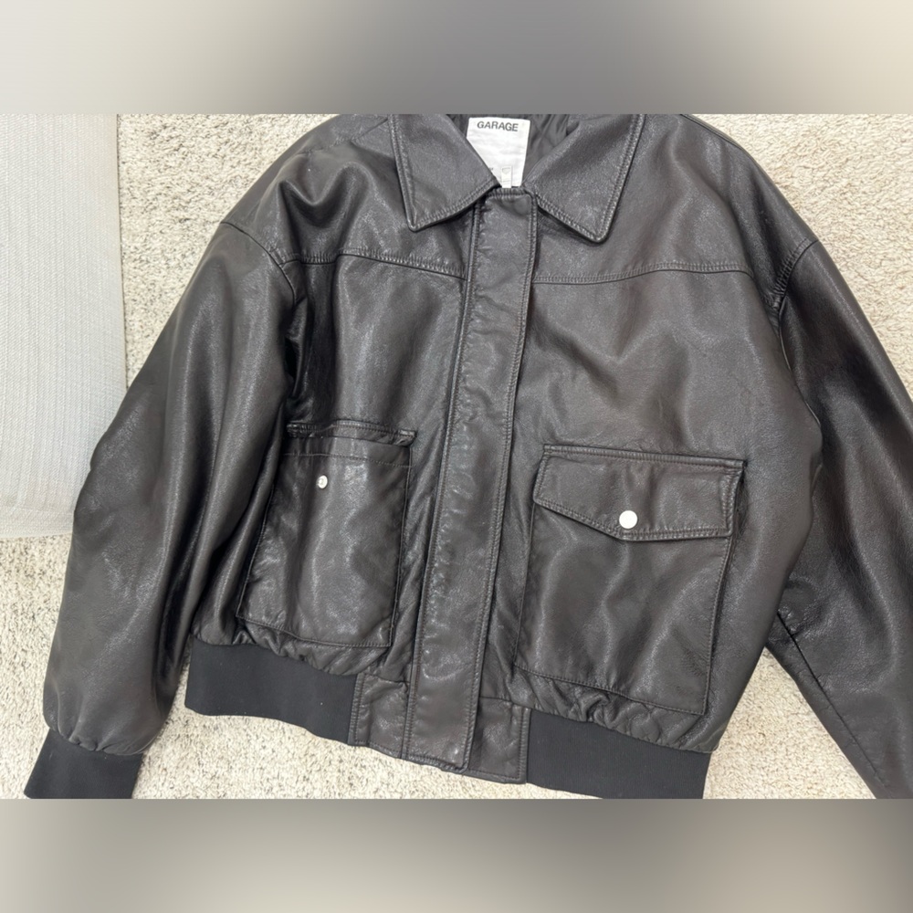 GARAGE Washed Faux Leather Bomber Jacket- chocolate